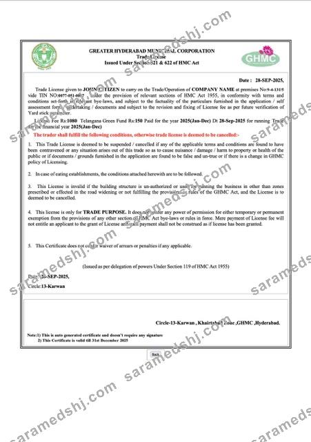 India Hyderabad trade license Word and PDF template